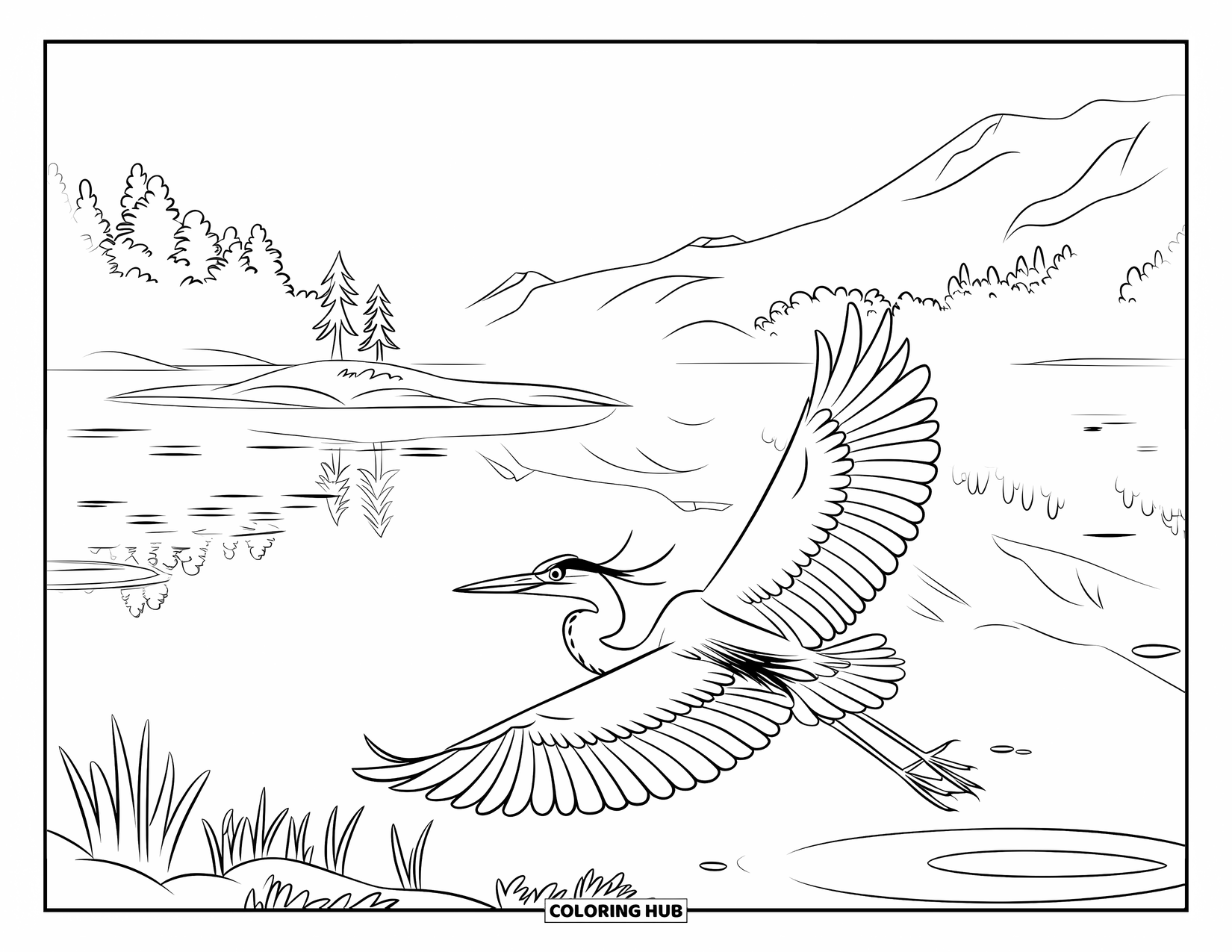 Bird Coloring Page for Kids: Heron flying past a misty lake and island under mountain skies