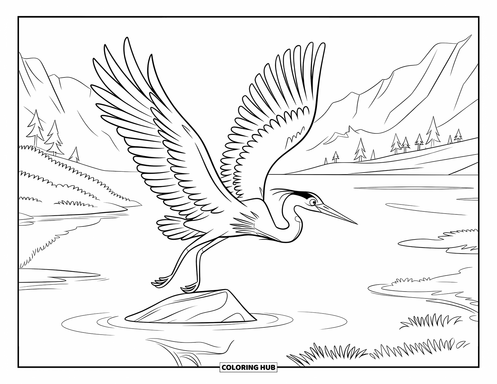 Bird Coloring Page for Kids: Heron standing calmly on a lake rock surrounded by greenery and distant mountains