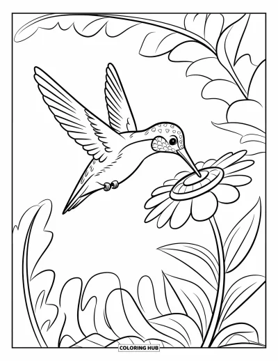 Dibujo de pajaros para colorear para niños: Colibrí suspendido en el aire bebiendo de una flor con estampado llamativo