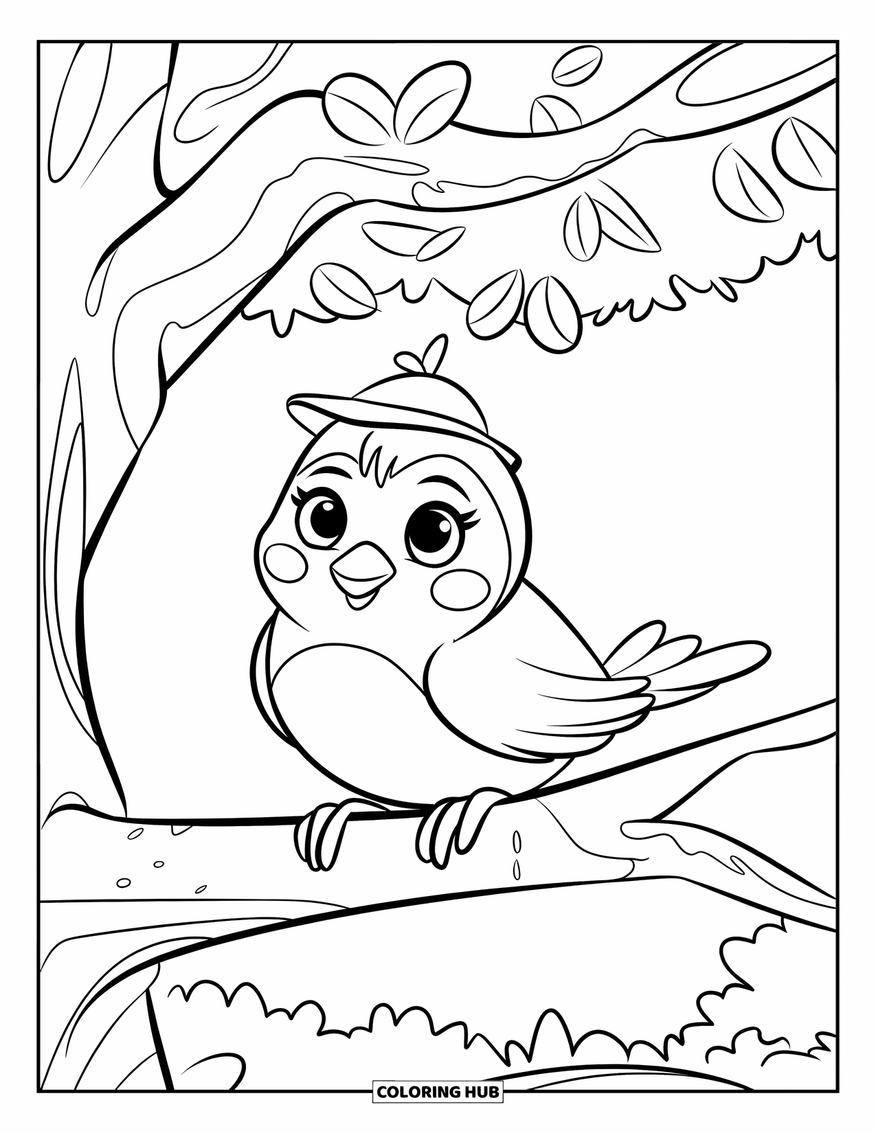 Bird Coloring Page for Kids: Little bird in a hat sitting on a leafy branch under the sky