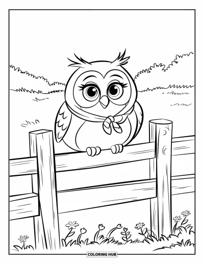 Dibujo de pajaros para colorear para niños: Búho pequeño de ojos grandes sentado en una cerca en el campo