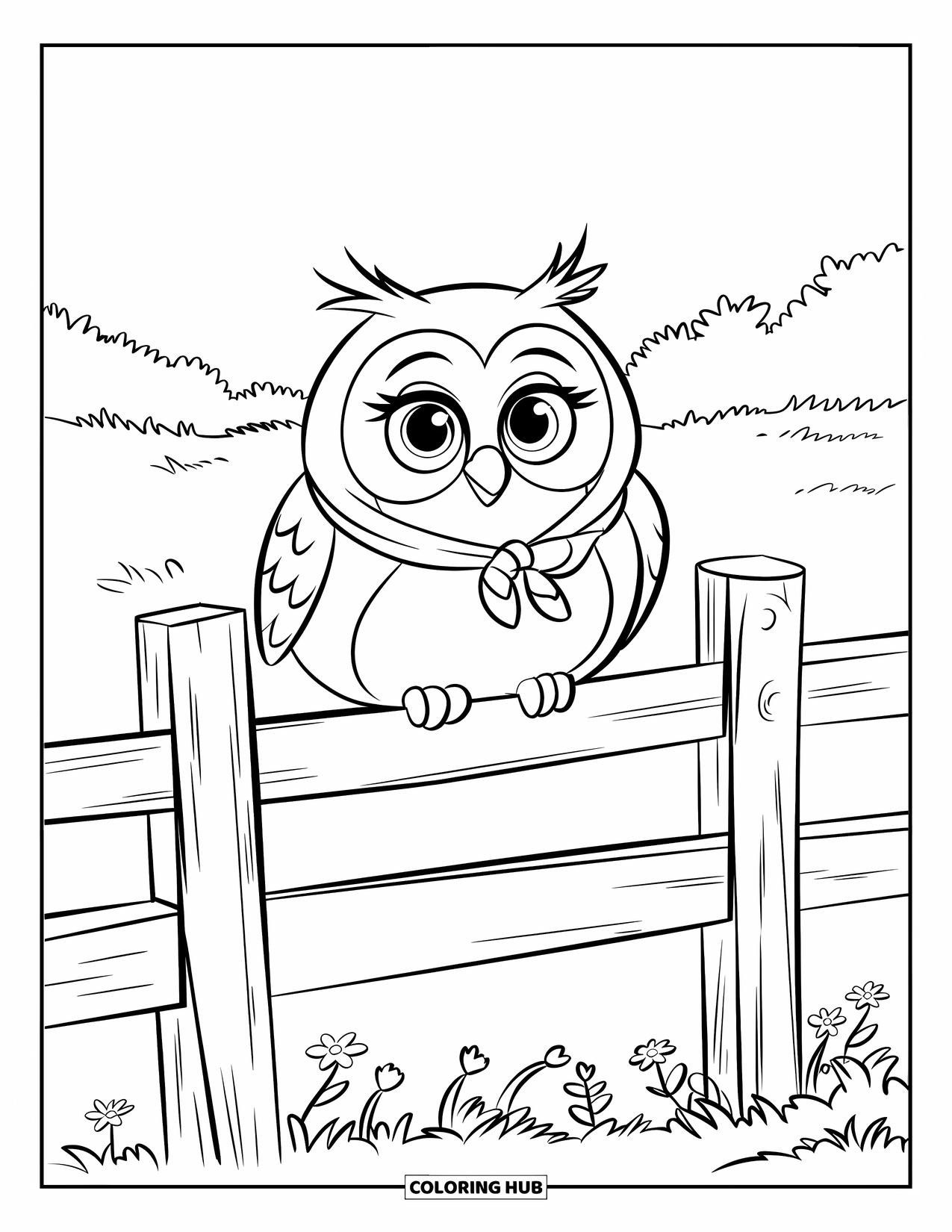 Bird Coloring Page for Kids: Little owl with big eyes sitting on a fence in a field