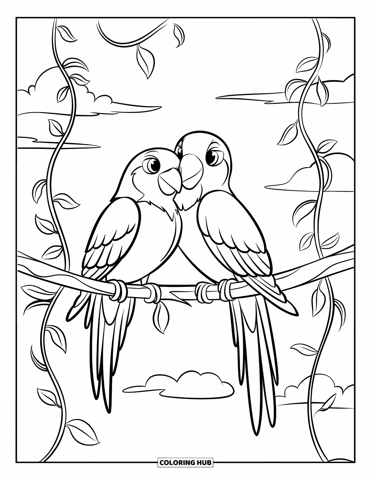 Bird Coloring Page for Kids: Lovebirds cuddling on a hanging branch wrapped in twisting vines and clouds