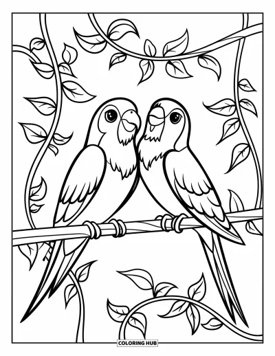 Dibujo de pajaros para colorear para niños: Agapornis sentados muy juntos en una rama cubierta de enredaderas, con hojas alrededor