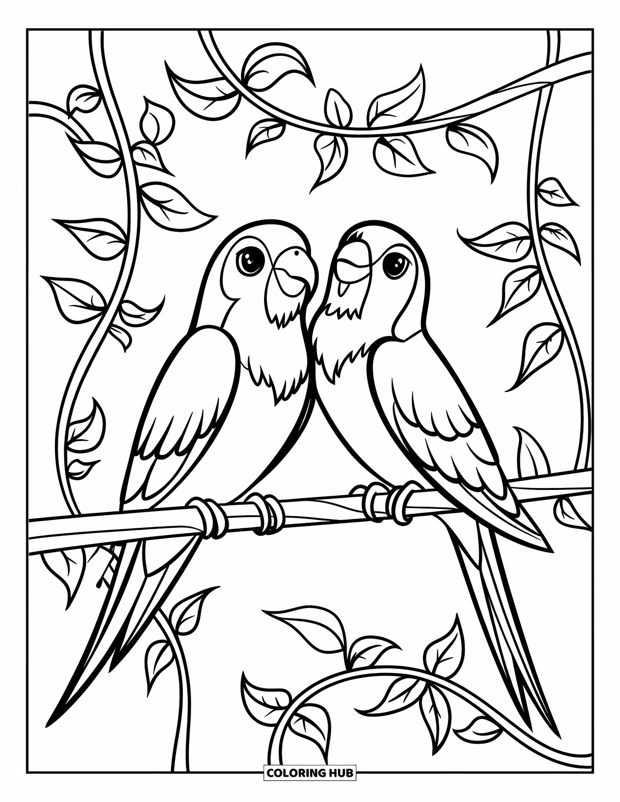Bird Coloring Page for Kids: Lovebirds sitting close on a vine-covered branch with leaves all around
