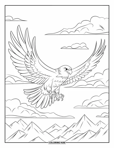 Dibujo de pajaros para colorear para niños: Halcón majestuoso volando con las garras extendidas sobre montañas rocosas escarpadas