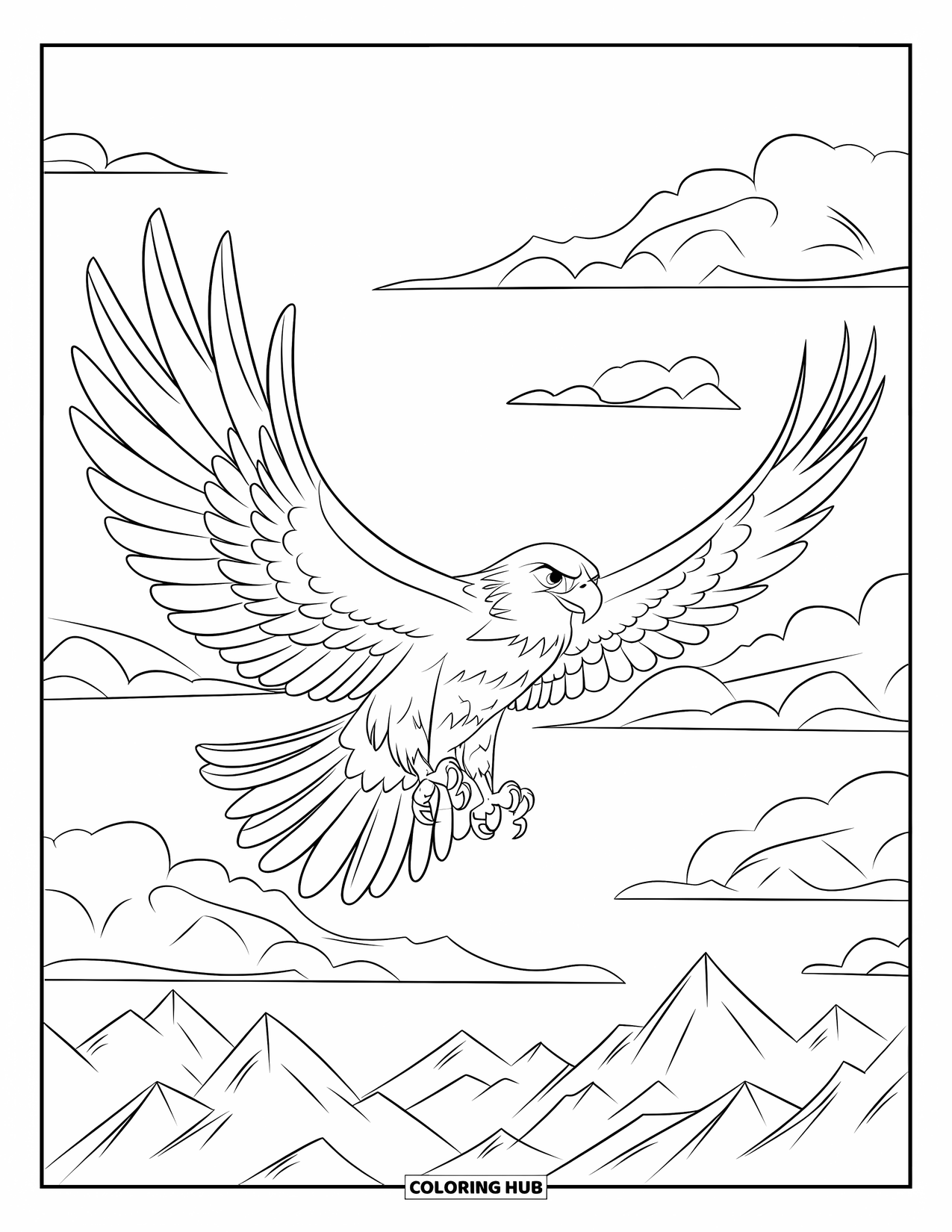 Bird Coloring Page for Kids: Majestic hawk flying with talons out above sharp rocky mountains