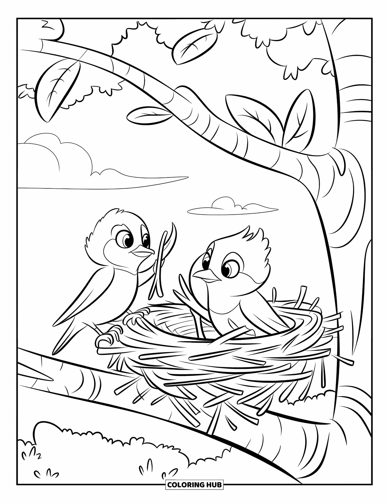 Bird Coloring Page for Kids: One bird builds while the other sits in the tree nest