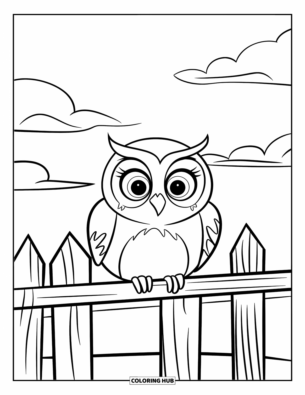 Bird Coloring Page for Kids: Owl with round eyes resting on a fence under a cloudy sky