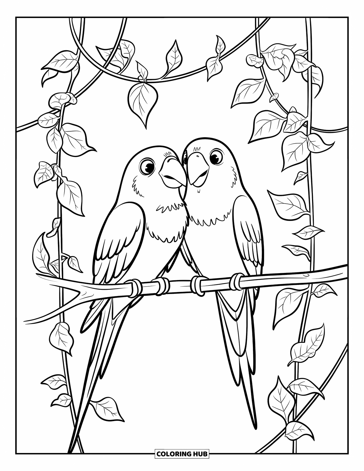 Bird Coloring Page for Kids: Pair of lovebirds resting on a vine-covered branch with a peaceful sky