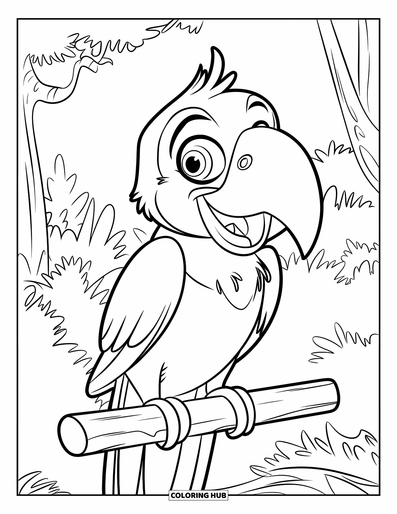 Bird Coloring Page for Kids: Parrot with a big beak sitting on a perch in the forest
