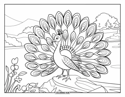 Dibujo de pajaros para colorear para niños: Pavo real en terreno rocoso con flores cerca y montañas a lo lejos