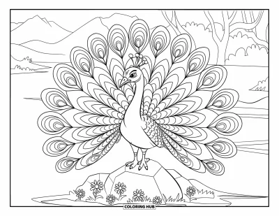 Dibujo de pajaros para colorear para niños: Pavo real luciendo sus plumas junto a un lago en calma y vista de montaña