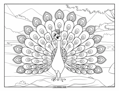 Dibujo de pajaros para colorear para niños: Pavo real de pie con orgullo sobre suelo rocoso con las plumas desplegadas