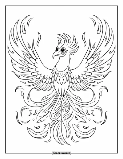 Dibujo de pajaros para colorear para niños: Ave fénix extendiendo las alas con plumas de fuego llamativas y detalladas