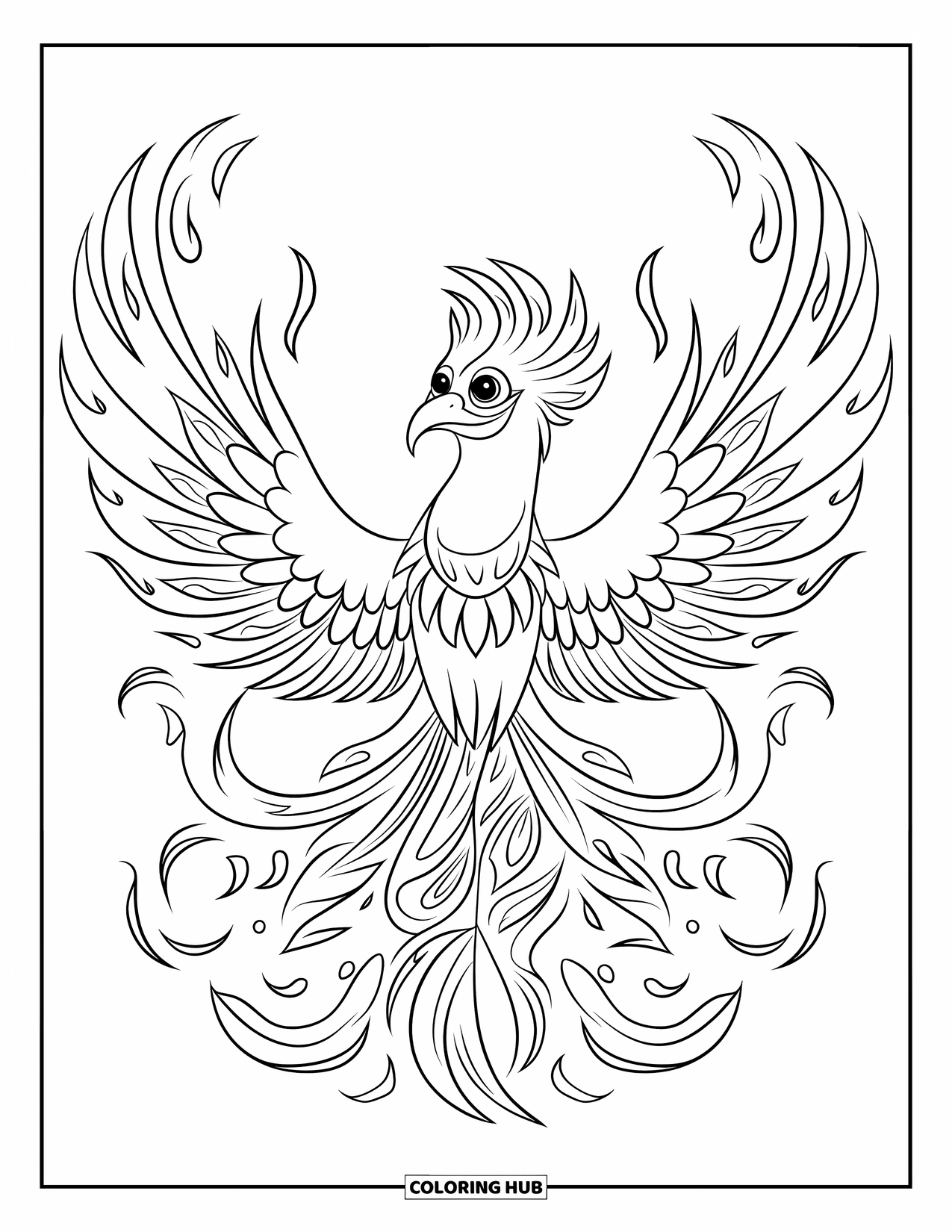 Bird Coloring Page for Kids: Phoenix bird stretching its wings with bold, detailed flame feathers