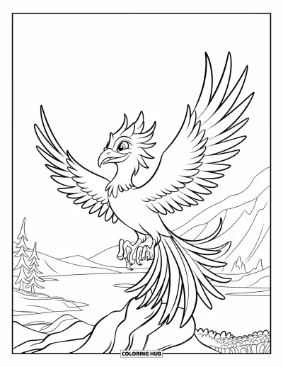 Dibujo de pajaros para colorear para niños: Ave tipo fénix volando alto sobre una vista tranquila de montañas y bosque