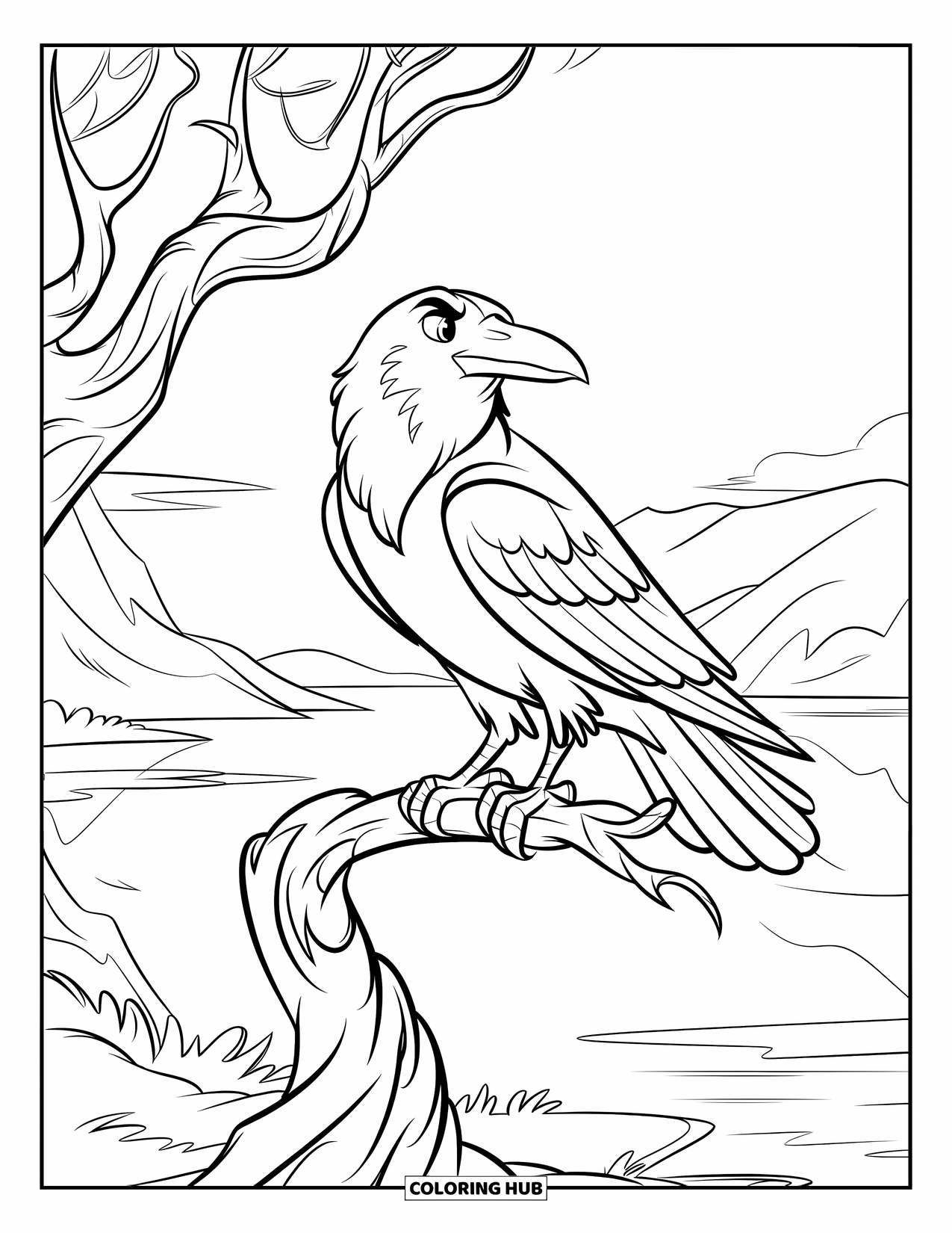 Bird Coloring Page for Kids: Raven on a twisted tree near a calm lake and distant mountains