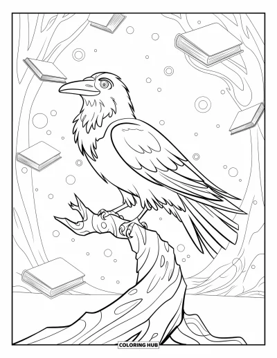 Dibujo de pajaros para colorear para niños: Cuervo posado en un árbol retorcido en un bosque mágico con libros flotantes