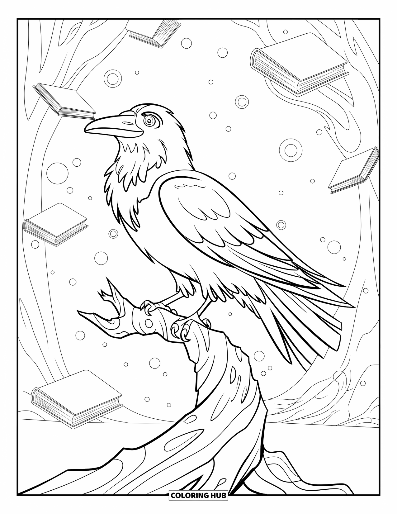 Bird Coloring Page for Kids: Raven perched on a twisted tree in a magical forest with floating books