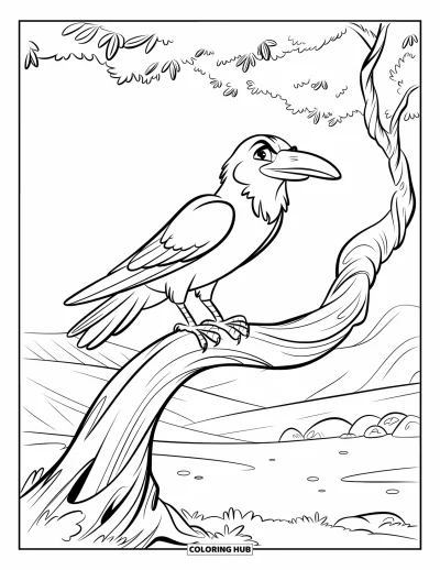 Dibujo de pajaros para colorear para niños: Cuervo sentado en una rama nudosa con colinas y rocas a lo lejos