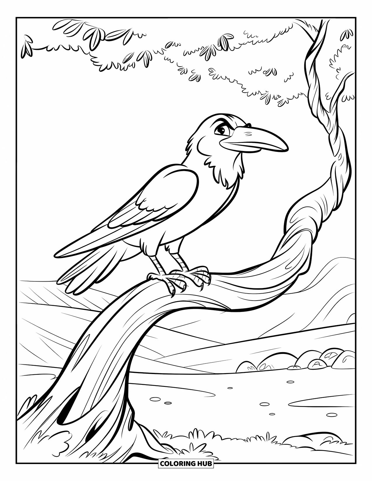 Bird Coloring Page for Kids: Raven sitting on a gnarled branch with hills and rocks in the distance