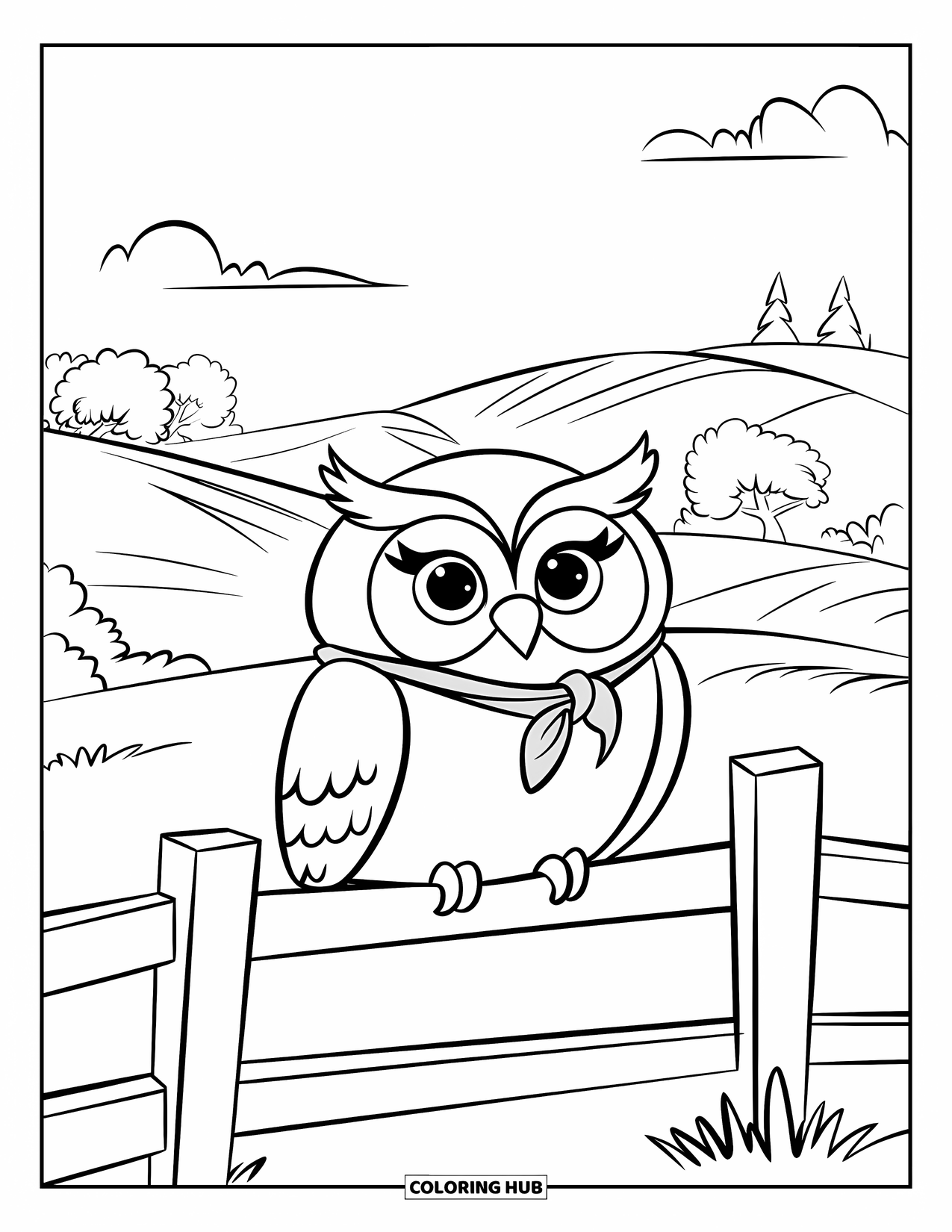 Bird Coloring Page for Kids: Scarf-wearing owl perched on a fence with hills and clouds behind