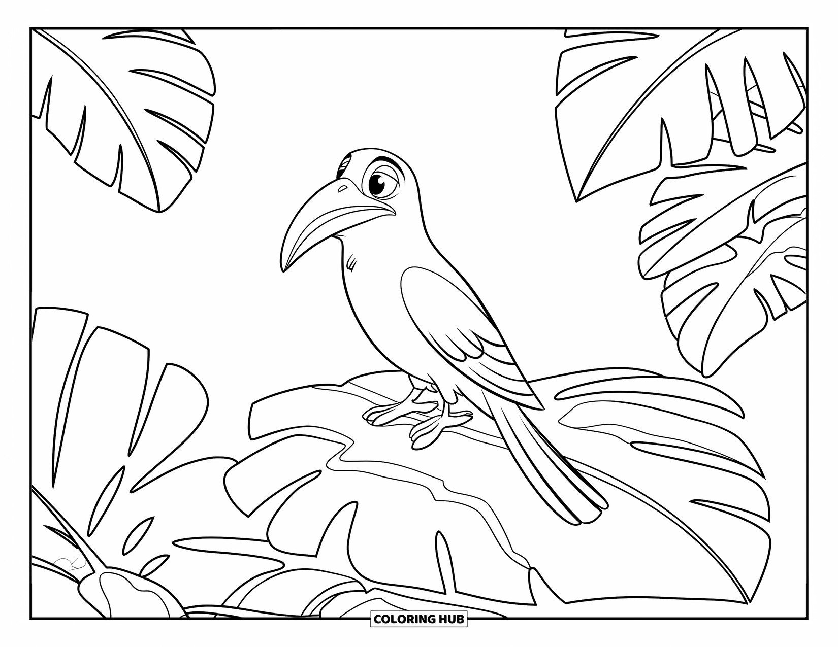 Bird Coloring Page for Kids: Small tropical bird perched under wide leaves on a peaceful white scene