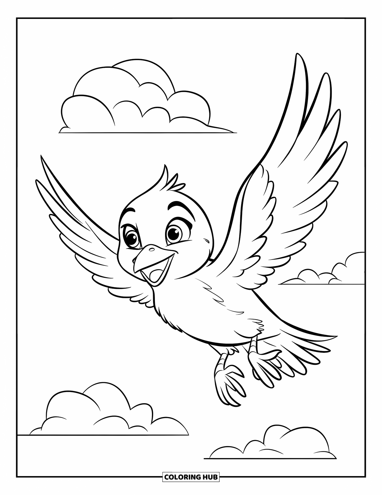Bird Coloring Page for Kids: Smiling bird flying with wings spread wide and happy eyes