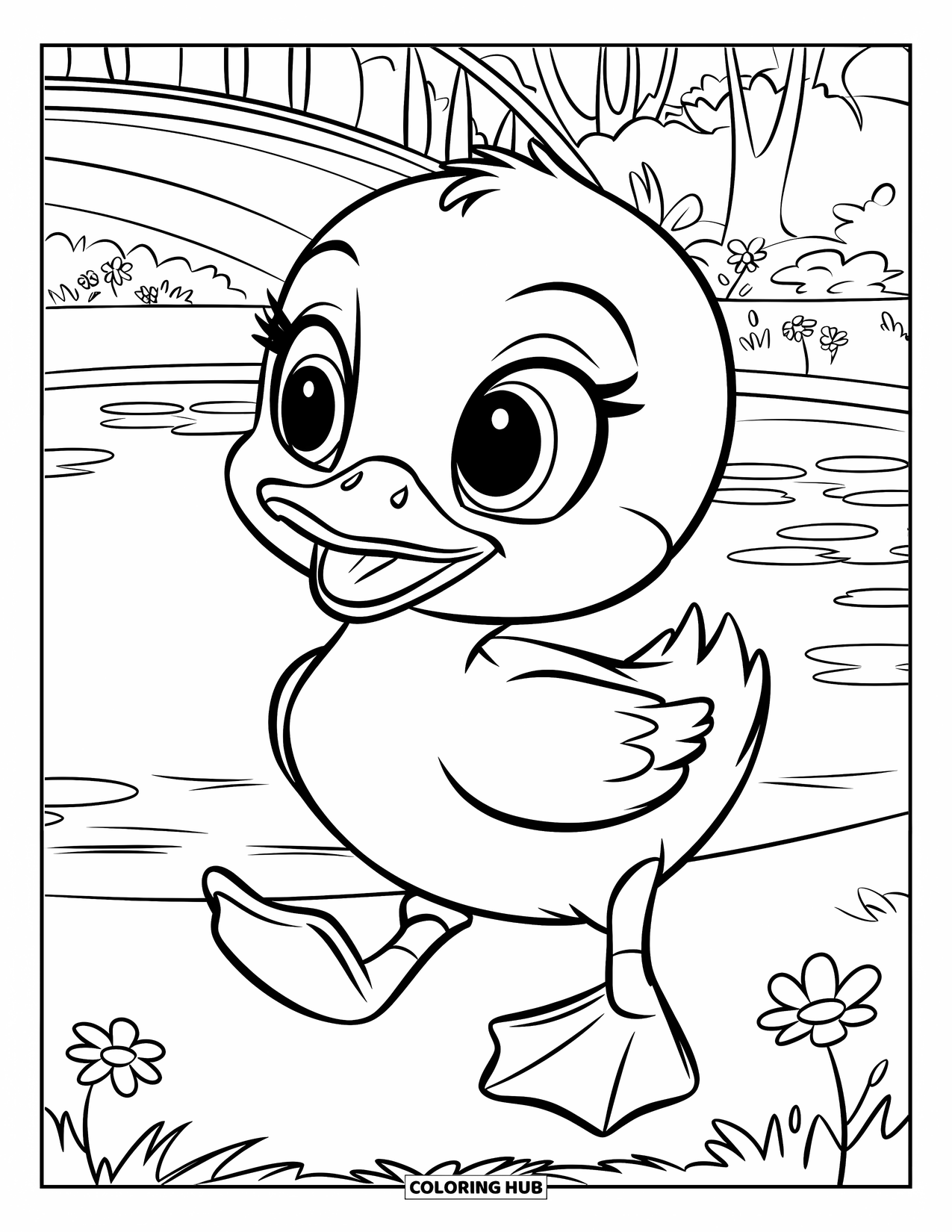 Bird Coloring Page for Kids: Smiling duck near a pond with grass, flowers, and a bridge