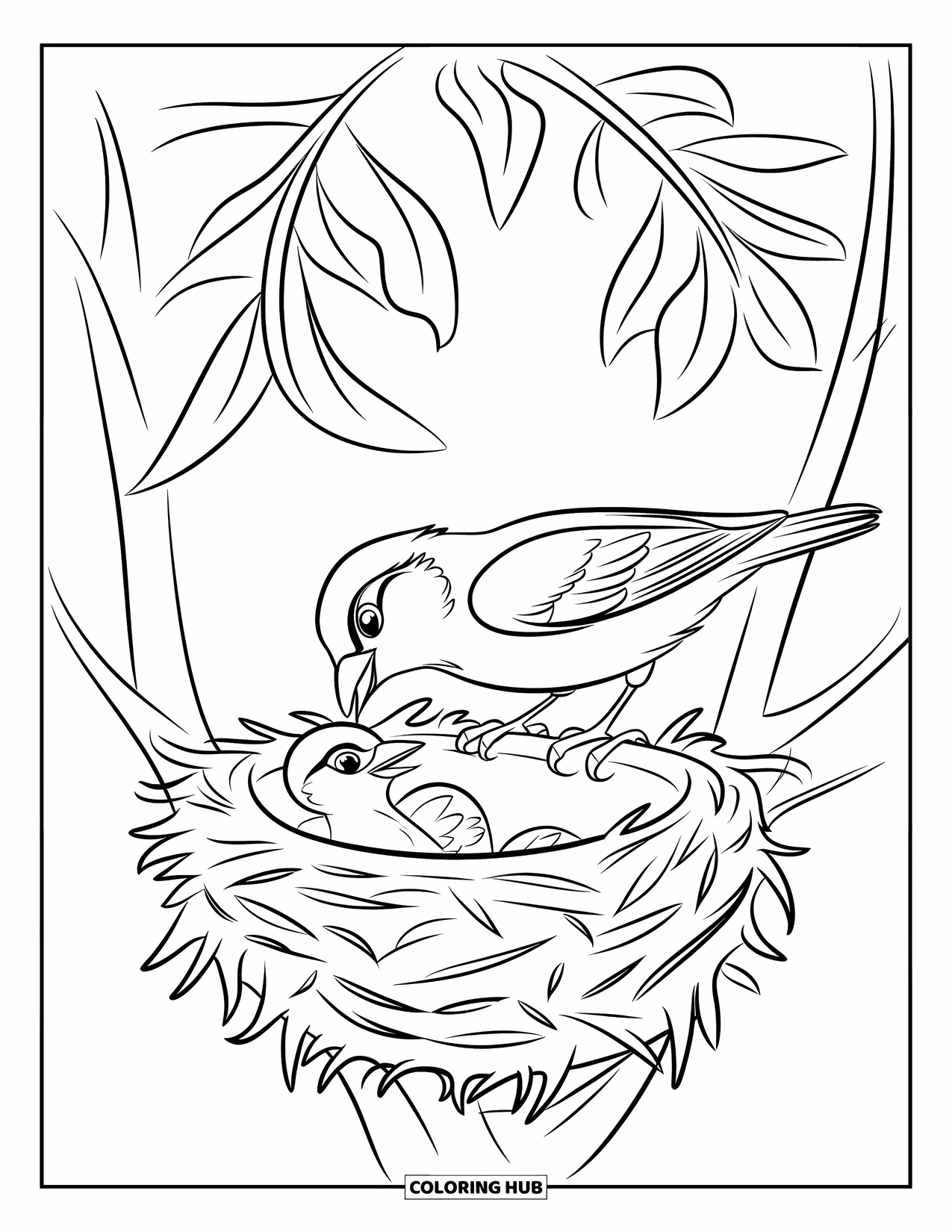 Bird Coloring Page for Kids: Sparrow feeding its chick in a cozy nest on a branch