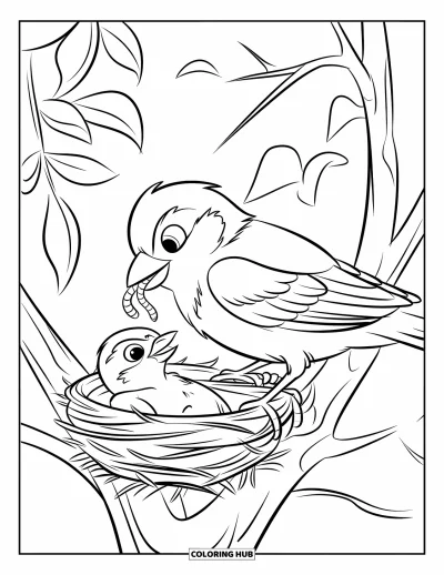 Dibujo de pajaros para colorear para niños: Gorrión con un gusano mientras alimenta a su polluelo en el nido
