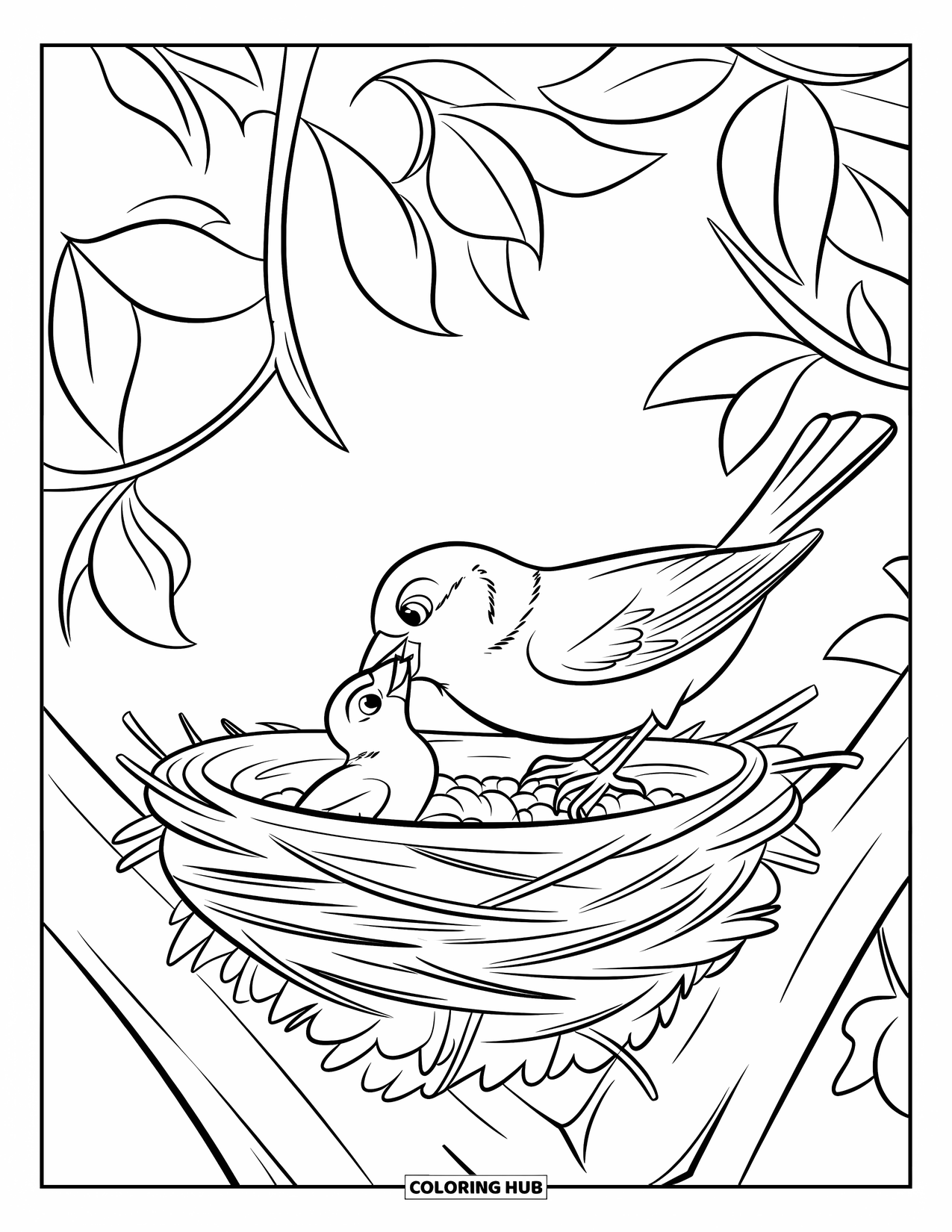 Bird Coloring Page for Kids: Sparrow leaning into its nest to feed a tiny chick