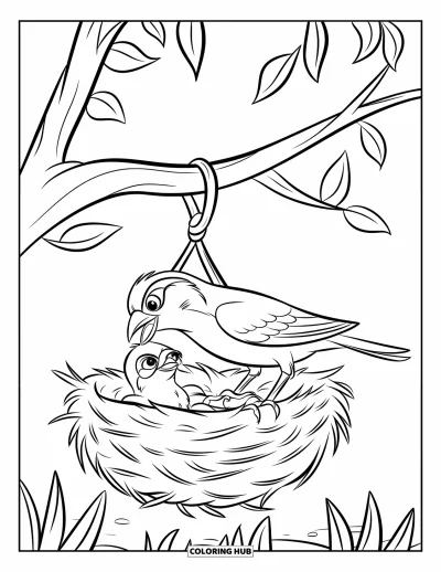 Dibujo de pajaros para colorear para niños: Gorrión posado junto a su polluelo en un nido colgante