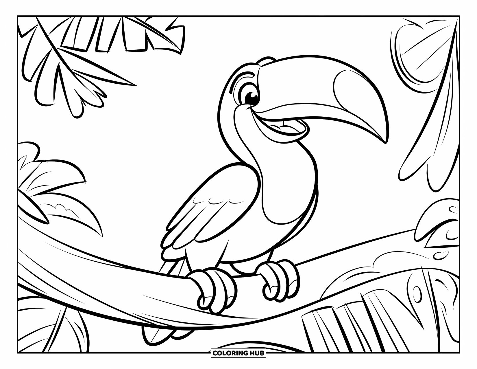 Bird Coloring Page for Kids: Toucan sitting cheerfully on a big branch in a quiet setting