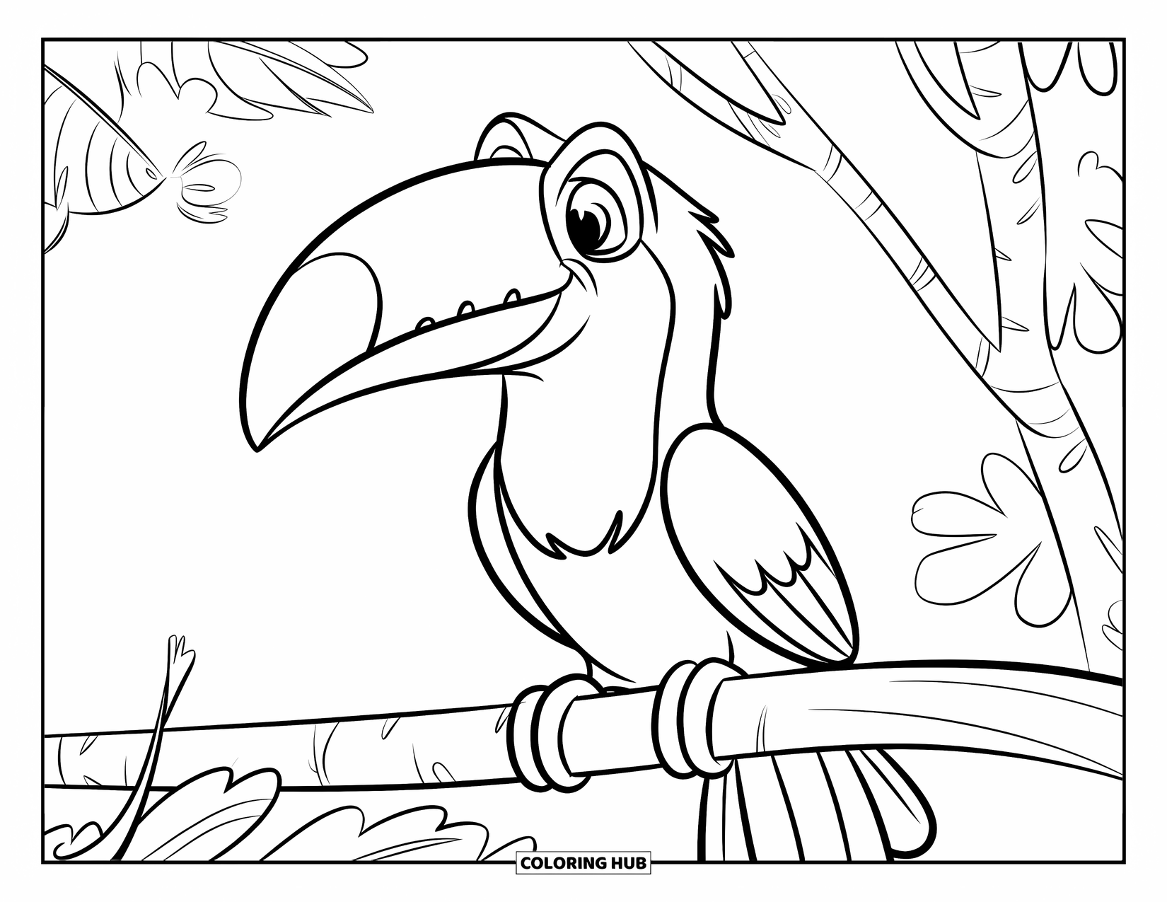 Bird Coloring Page for Kids: Toucan smiling while perched on a thick forest branch