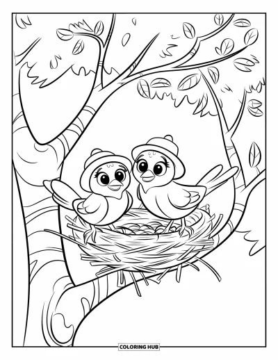 Dibujo de pajaros para colorear para niños: Dos aves construyendo juntas un nido en una rama de árbol