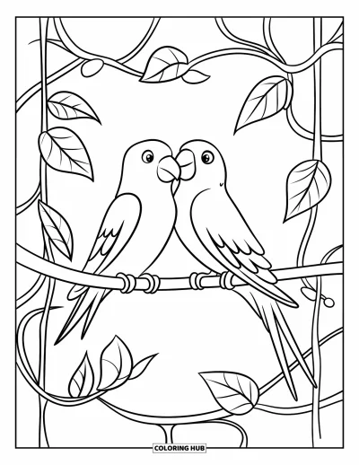 Dibujo de pajaros para colorear para niños: Dos agapornis posados en una rama envuelta en enredaderas onduladas