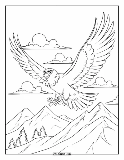Dibujo de pajaros para colorear para niños: Halcón de ojos muy abiertos volando por el cielo sobre picos cubiertos de árboles