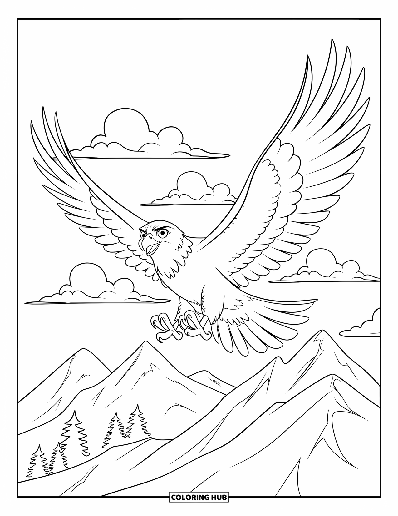Bird Coloring Page for Kids: Wide-eyed hawk flying through the sky above treetop-covered peaks