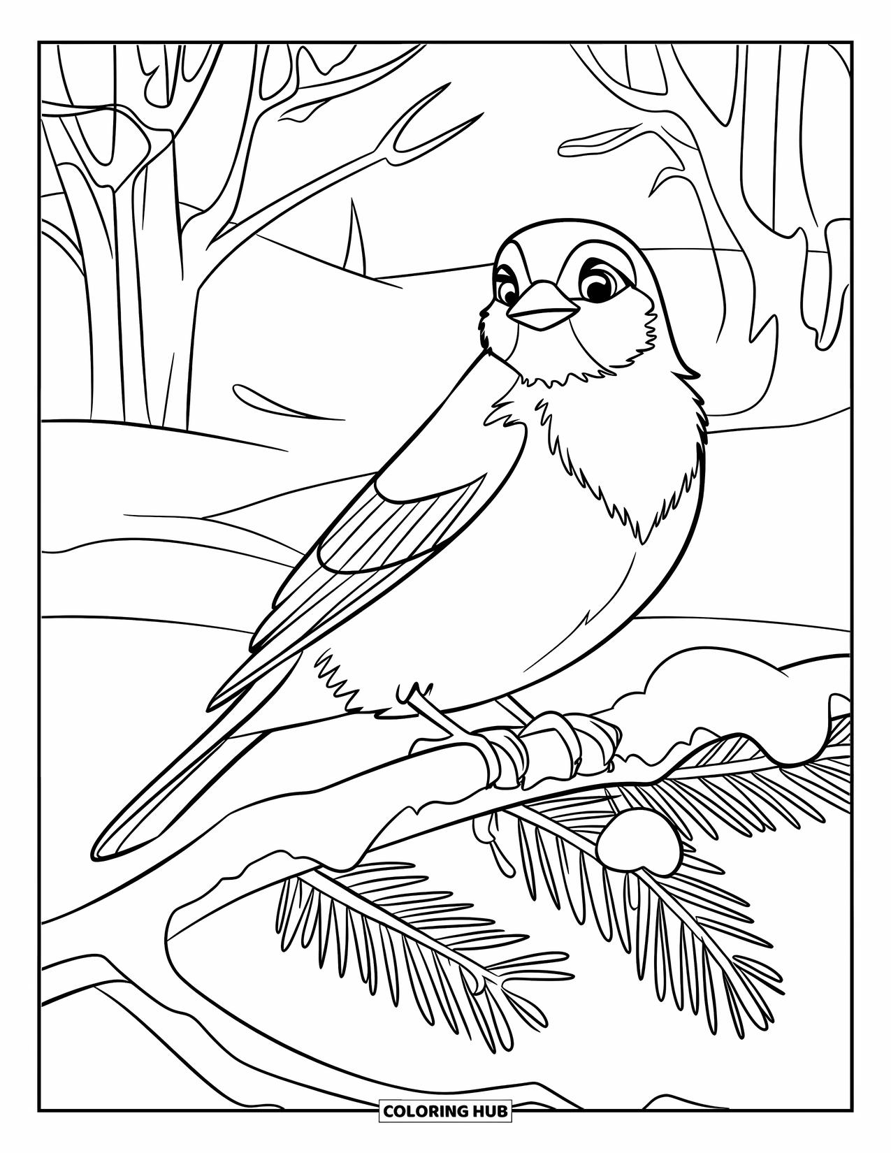 Bird Coloring Page for Kids: Winter bird perched on a snowy branch with a pinecone nearby