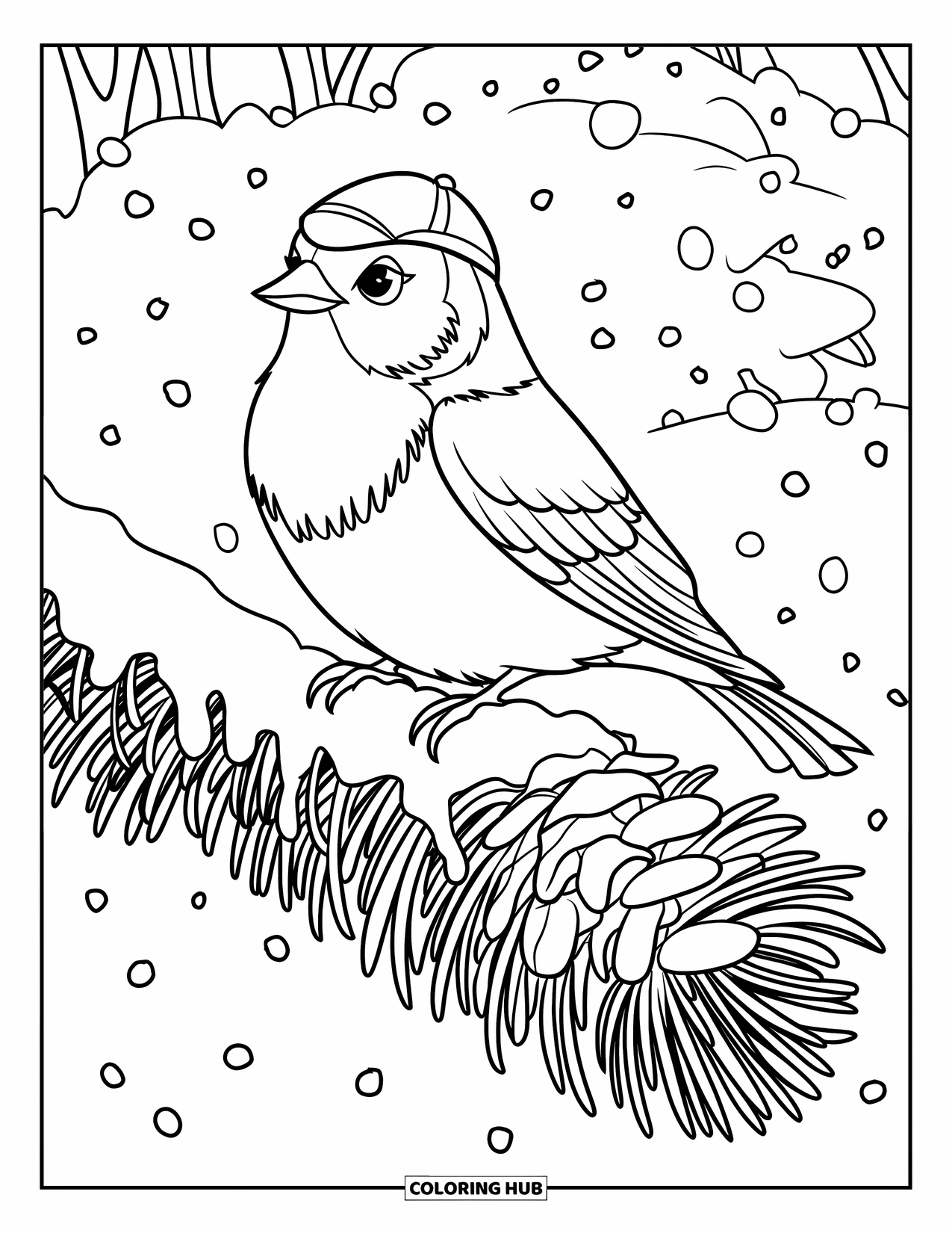 Bird Coloring Page for Kids: Winter bird with a red cap sitting on a snowy branch near trees