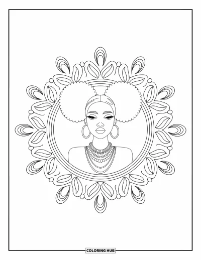 Omalovánka černošské dívky pro dospělé: Módní dívka s afro drdůlky a náhrdelníky v rámci paisley mandala spirál