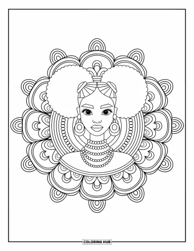Omalovánka černošské dívky pro dospělé: Dívka s afro drdůlky a vrstvenými šperky odpočívá uvnitř paisley mandala kruhu
