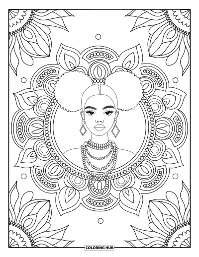 Omalovánka černošské dívky pro dospělé: Stylová dívka s afro drdůlky a náhrdelníky uprostřed propracovaných mandala motivů