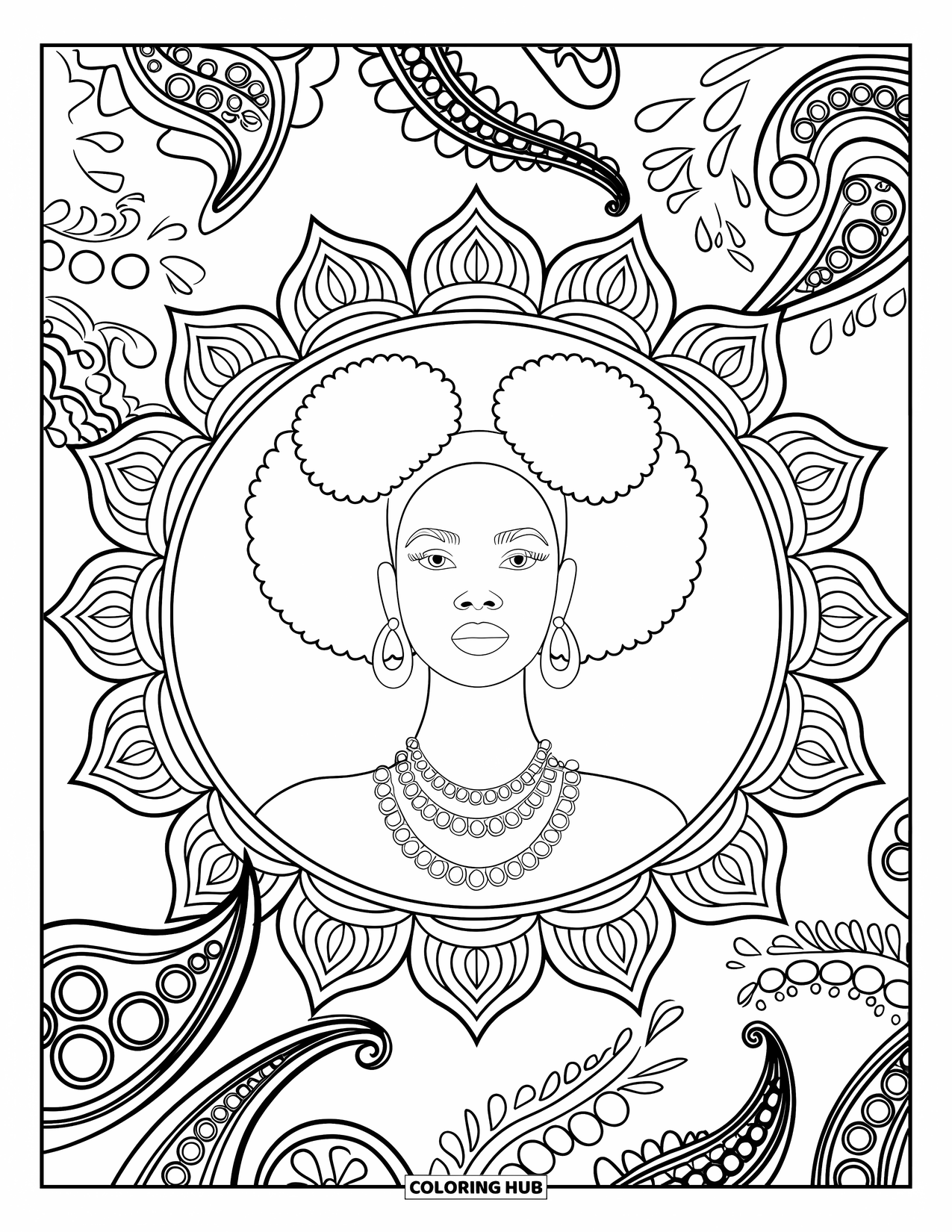 Kolorowanka dla dorosłych z czarnoskórą dziewczynką: Trendy dziewczynka z afro pufami błyszczy na tle spiralnych wzorów mandali paisley
