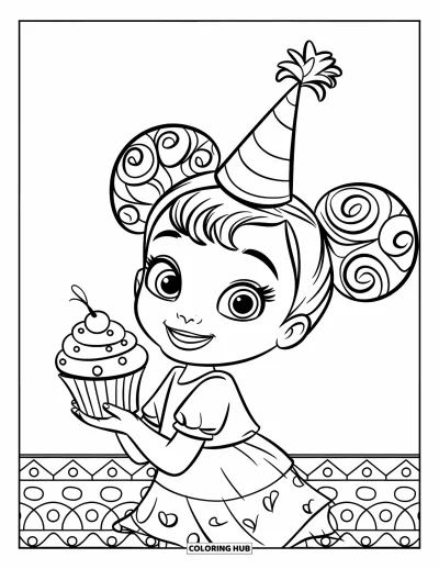 Omalovánka černošské dívky pro děti: Veselá dívka s cupcakem stojí na zábavném jednoduchém pozadí