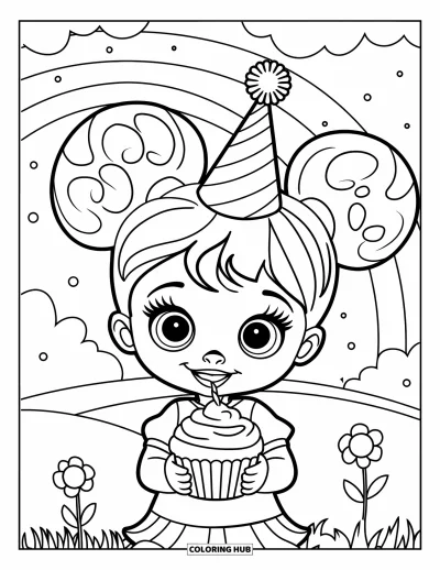 Omalovánka černošské dívky pro děti: Šťastná oslavenkyně drží cupcake pod duhou a nadýchanými mraky