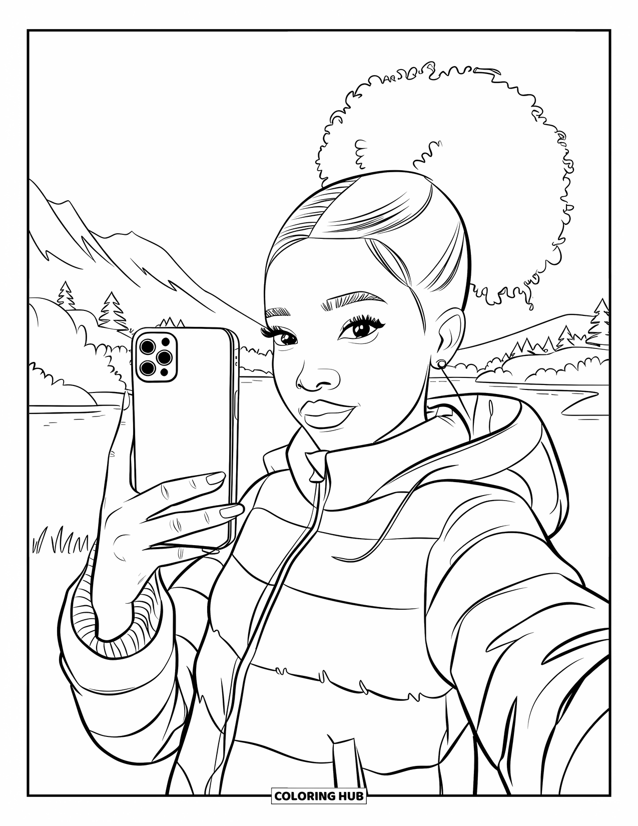 Dibujo para colorear de una niña negra para niños: Una adolescente bonita con una chaqueta acolchada se toma una selfie junto a una vista de la montaña