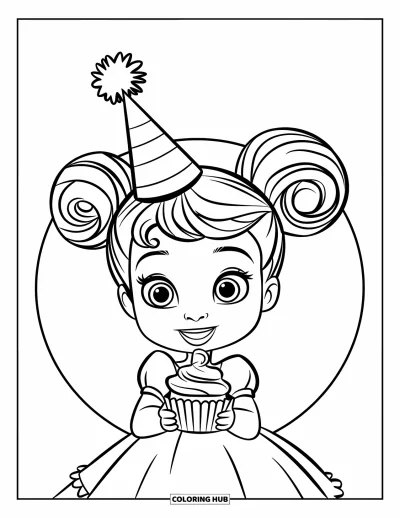Omalovánka černošské dívky pro děti: Usmívající se dívka v party čepičce drží cupcake v bílém kruhu